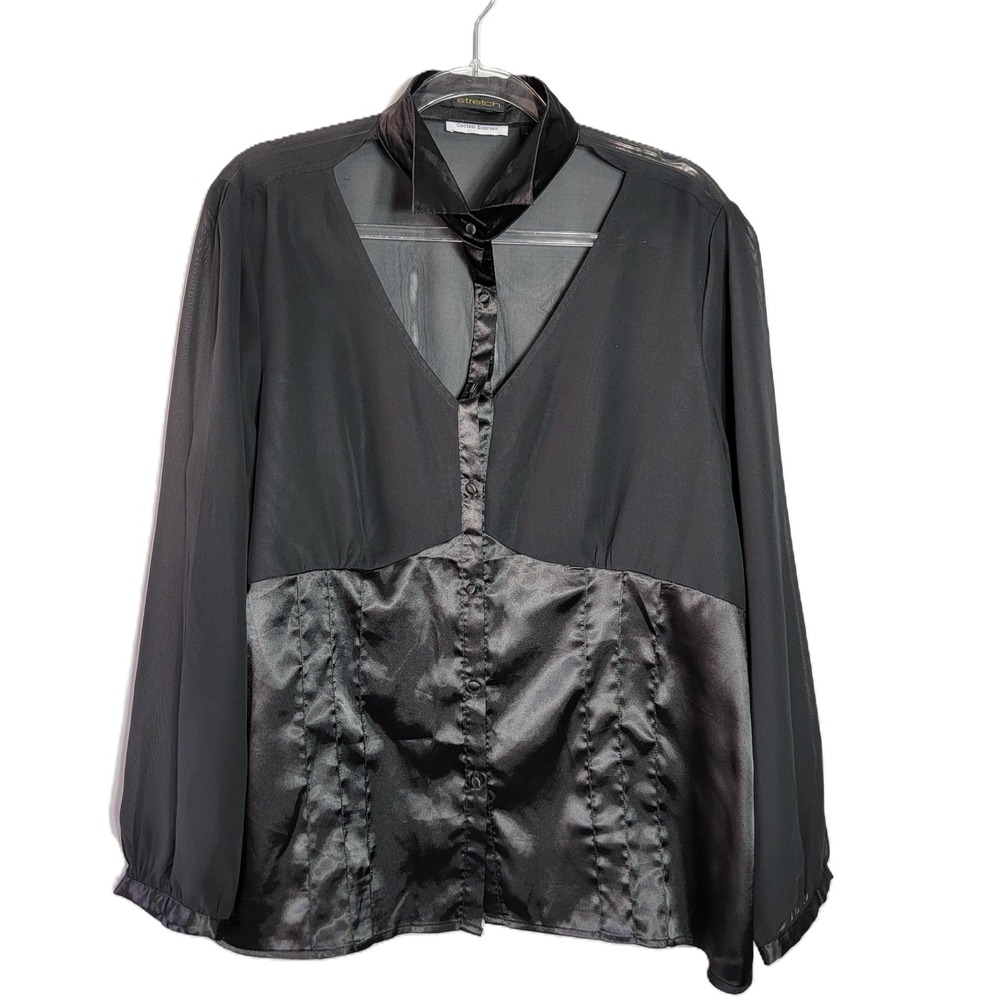 Cotton Express‎ Sheer Black Blouse Button Front Silk Blend Size 16